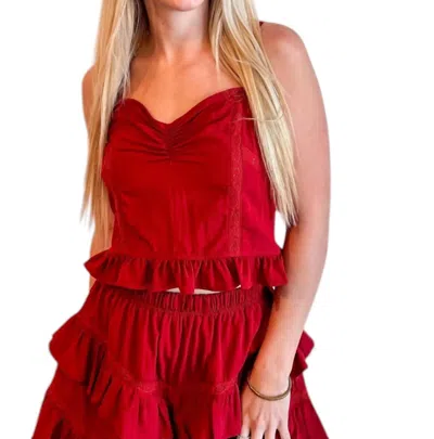 Baby Pink Snappy Ruffle And Lace Top In Burgundy In White