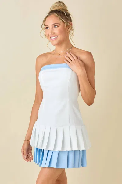Baby Pink Strapless Mini Pleated Dress In White/blue
