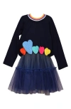 Baby Sara Kids' Hearts & Tulle Twofer Long Sleeve Dress In Black