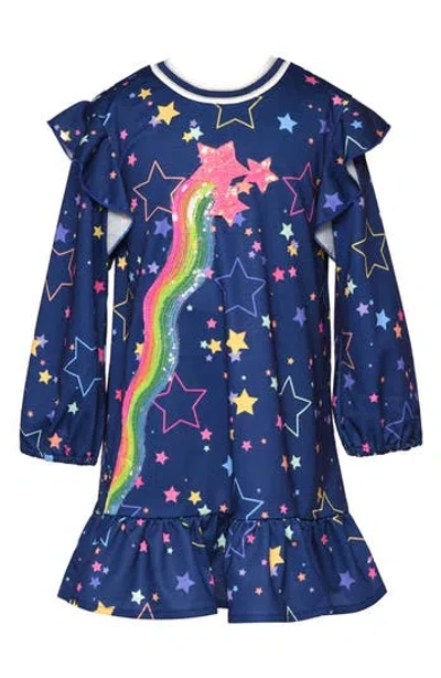 Baby Sara Kids' Sequin Rainbow Star Long Sleeve Dress In Navy Multi