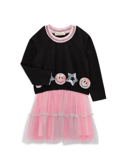 Baby Sara Kids' Little Girl's 2-piece Sequin Sweatshirt & Tulle Dress Set In Black Multi