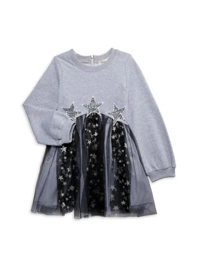 Baby Sara Kids' Little Girl's Embellished Star Tulle Sweater Dress In Gray Multi