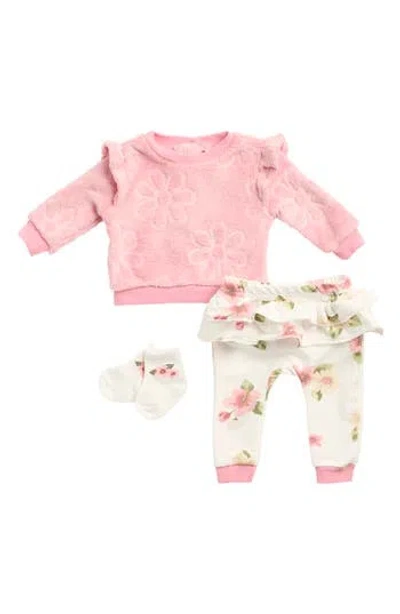 Baby Starters 3d Floral Pullover, Joggers & Socks Set In Pink