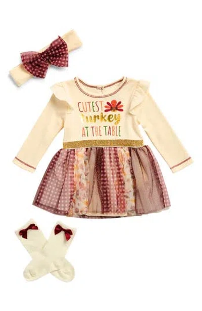 Baby Starters Cutest Turkey Dress, Headband & Socks Set In Brown