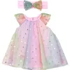 Baby Starters Foil Star Tulle Dress & Headband Set In Pink Multi