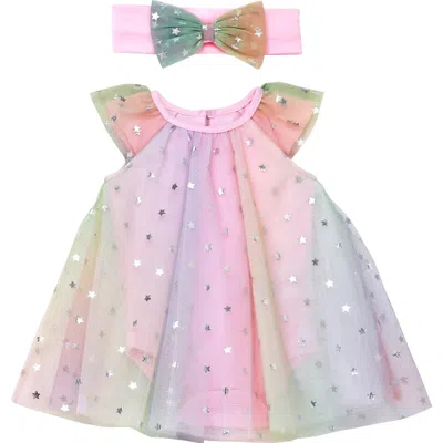 Baby Starters Foil Star Tulle Dress & Headband Set In Pink Multi