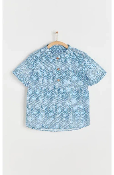 Babycottons Kids'  Afrika Mandarin Collar Short Sleeve Shirt In Blue