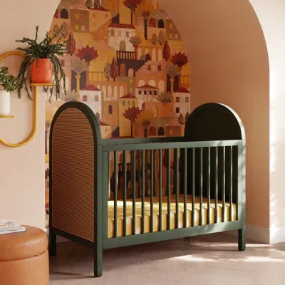 Babyletto Bondi Cane 3-in-1 Convertible Crib With Toddler Bed Conversion Kit In Forest Green W,natural Cane