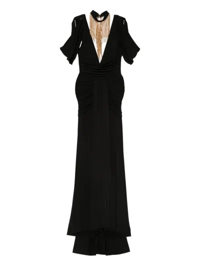 Babylone Paris Embellished-neckline Draped Dress In Black