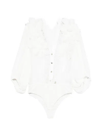 Babylone Paris Floral-appliqué Lace-trim Bodysuit In White