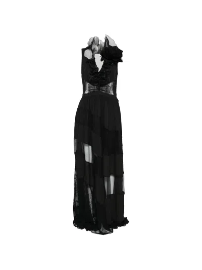 Babylone Paris Floral-detail Ruffled Maxi Dress In Black
