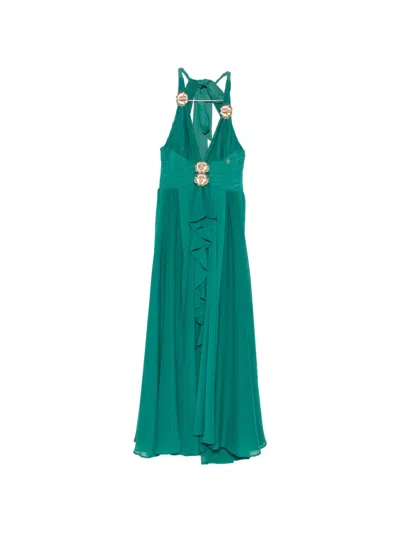 Babylone Paris Flower-embellished Ruffled Maxi Dress In Green