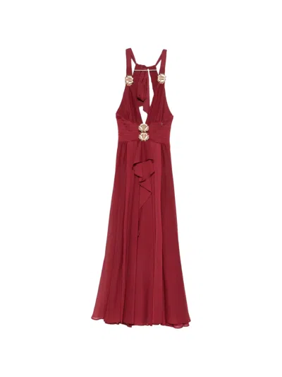 Babylone Paris Flower-embellished Ruffled Maxi Dress In Red