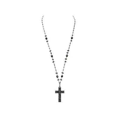 Pre-owned Babylone Paris Gunmetal Crystal Cross Black Beads Rosary Necklace In Gray