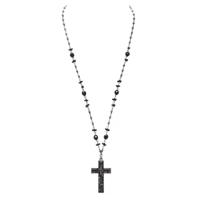 Pre-owned Babylone Paris Gunmetal Crystal Cross Black Beads Rosary Necklace In Gray