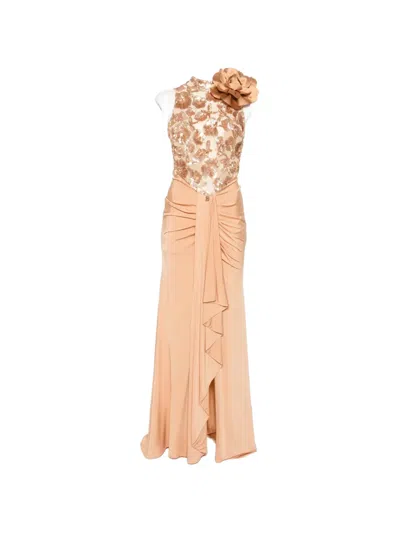 Babylone Paris Sequin-embellished Floral-appliqué Maxi Dress In Neutral