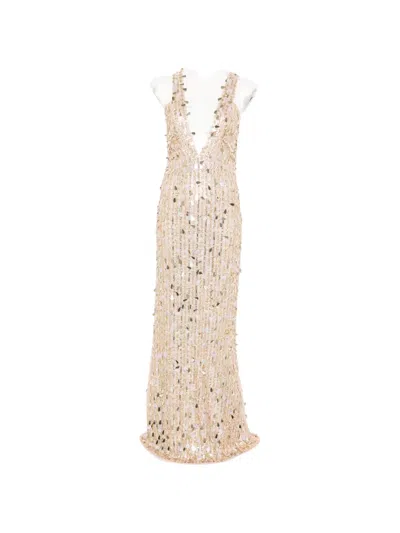 Babylone Paris Sequin-embellished V-neck Maxi Dress In Neutral