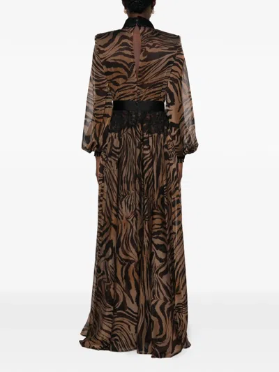 Babylone Paris Zebra-print Lace-panelled Maxi Dress In Brown