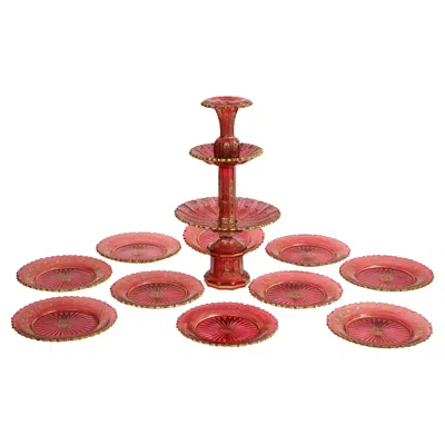 Pre-owned Baccarat 11 Piece  Cranberry-red Crystal 2-tier Cake Stand With Matching Plates In Gold