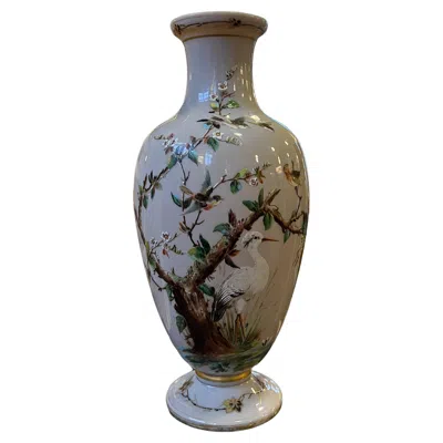 Pre-owned Baccarat 1800s Large  Opaline Glass Vase, Hand Painted Enamelled Relief Motif In Transparent