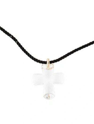 Pre-owned Baccarat 18k Crystal & Cord Cross Pendant Necklace, 16" In Black/clear