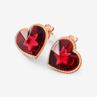 Baccarat 18k Gold Plated On Sterling Silver, Crystal Heart Earrings In Red