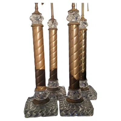 Pre-owned Baccarat 1920s Set Of 4 French Regency  Columnar Crystal Brass Swirl Table Lamps In Brown