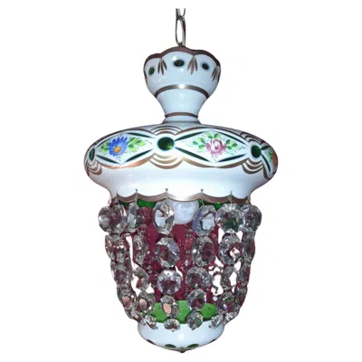 Pre-owned Baccarat 1950's French Regency Opaline Glass Cut To Emerald - Glass Strand - Lantern In Green
