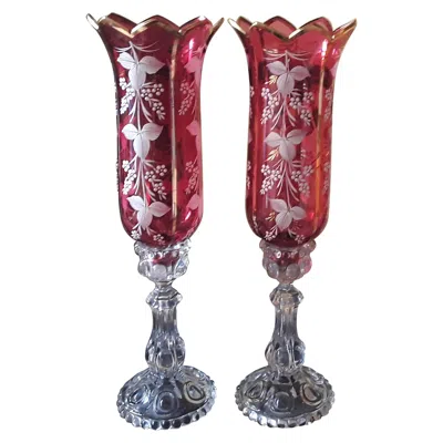 Pre-owned Baccarat 1950's Vintage Pair Of Red Hand Painted Crystal Medallion Series Candle Lamps.
