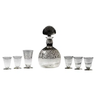 Pre-owned Baccarat 1990s  Marillon Etched Crystal Decanter With Michelangelo Sherry Glasses In Gray