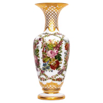 Pre-owned Baccarat 19th C. French  Opaline Crystal Vase W/ Hand-enameled Floral Decoration In Sand
