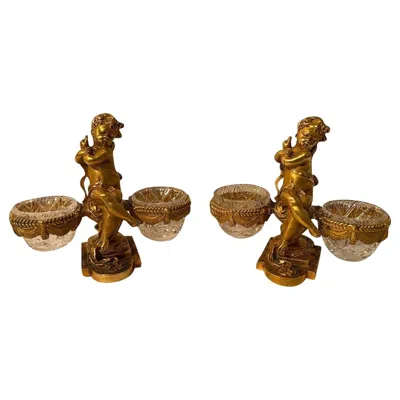 Pre-owned Baccarat 19th Century  Gilt Bronze & Crystal Double Salt Cellars, A Pair In Gold
