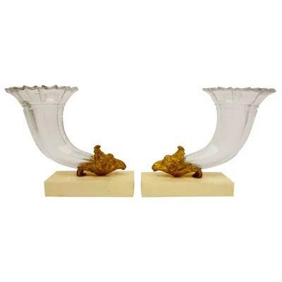 Pre-owned Baccarat 19th Century Gilt Bronze And Cut Crystal Cornucopia Vases On Marble Bases, Pair In Gold