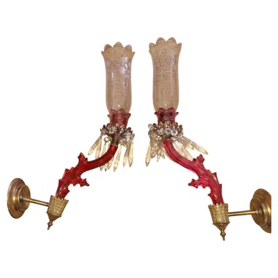Pre-owned Baccarat 19thc French Art Nouveau Red Art Glass Gilt Bronze Candle Wall Sconces