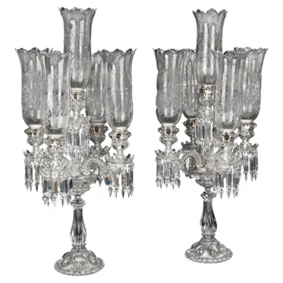 Pre-owned Baccarat 20th Century  Cut Glass Five-light Candelabra With Storm Shades In Gray