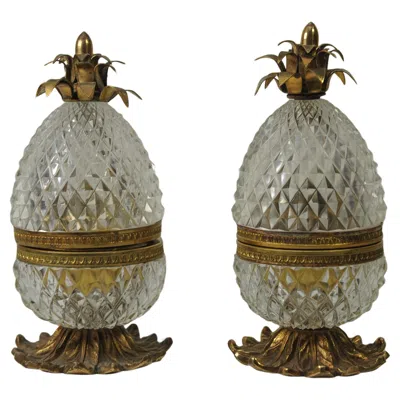 Pre-owned Baccarat A Pair Of  Diamond Cut Glass Gilt Brass Table Lighters Of Pineapple Form In Brown