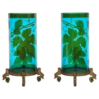 Pre-owned Baccarat A Pair Of French  Blue And Green Crystal & Gilt Bronze Mounted. Vases