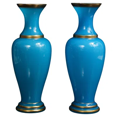 Pre-owned Baccarat A Pair Of French Blue Opaline Crystal  Vases With Gilt Accents