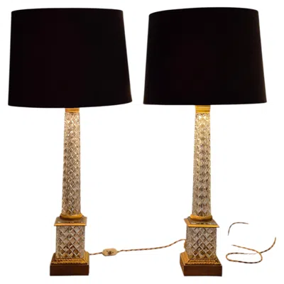 Pre-owned Baccarat A Pair Of French Coloumn Table Lamps, Cut Crystal & Gilt Bronze,  Style In Black