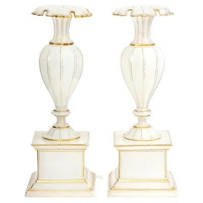 Pre-owned Baccarat A Pair Of French Gilt Opaline Hand-cut Crystal Pedestal Vases, Att.  In Sand