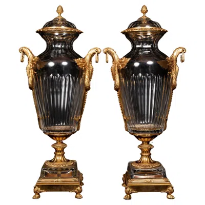 Pre-owned Baccarat A Pair Of Large French  Style Gilt Bronze & Cut Crystal Urns In Gold