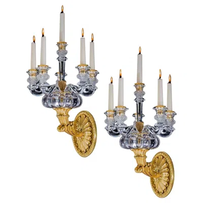 Pre-owned Baccarat A Pair Of Ormolu And Crystal Empire Wall Lights Attributed To  In Brown