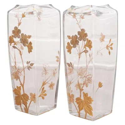Pre-owned Baccarat Antique Pair Of Signed  Floral Gilded Vases In Sand