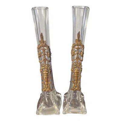Pre-owned Baccarat Antique Pair Of Single Flower Vases By  In Brown