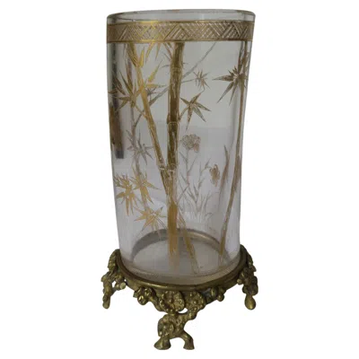 Pre-owned Baccarat Art Nouveau Bamboo And Bird Design Glass And Bronze Vase In Gold