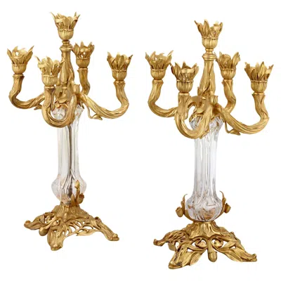 Pre-owned Baccarat Art Nouveau Bronze And Crystal Candelabra By  In Gold