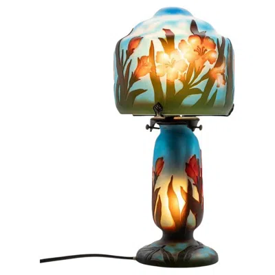 Pre-owned Baccarat Art Nouveau Table Lamp Blue Amber Brown Floral Print Glass, France
