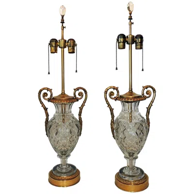 Pre-owned Baccarat Beautiful Pair French Cut Crystal Doré Bronze Ormolu-mounted Neoclassical Lamps In Brown