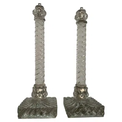Pre-owned Baccarat C1920's Pair French Classic Crystal Swirl Form Columnar Table Lamps By  In Clear