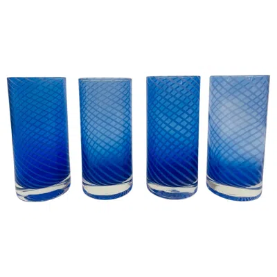 Pre-owned Baccarat Cobalt Blue Drinking Glasses Set Of 4 Spiral Tumblers 1980s